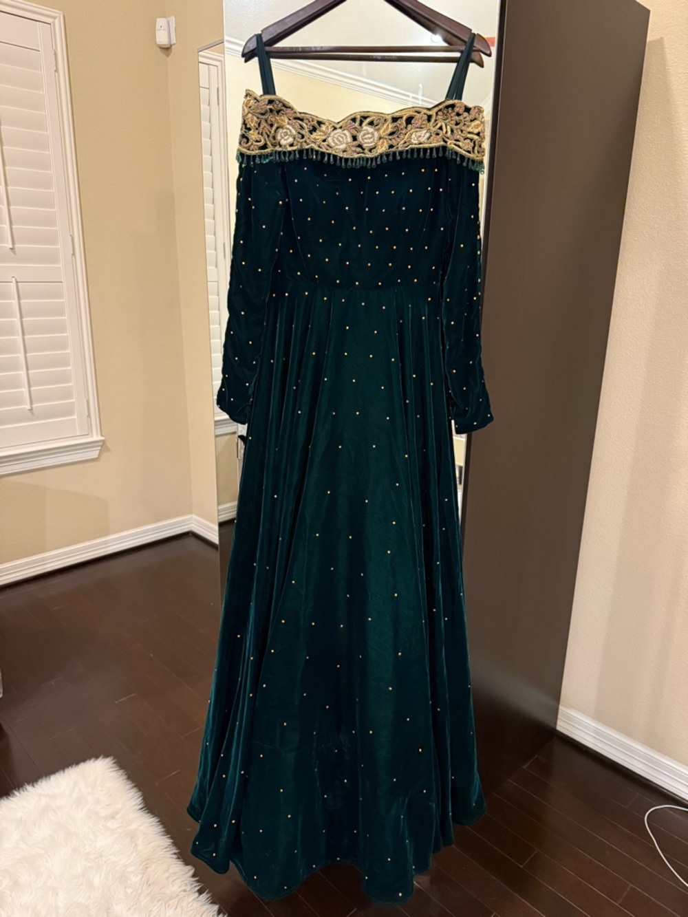 Emerald Green Velvet Gown with Gold Embellishments